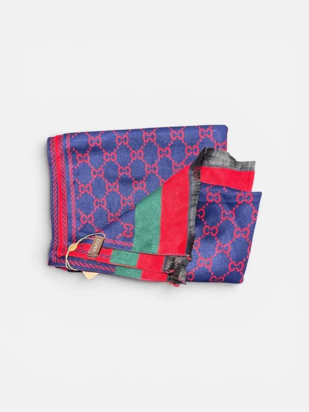 Gucci GG Wool Jacquard Scarf in Bordeaux and Blue with Green and Red Web Stripe
